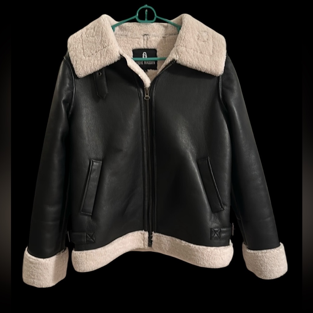 Faux Shearling Trim Faux Leather Biker Jacket